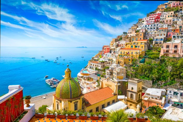 Seaside view of the village of Positano along the Amalfi Coast