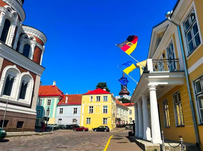 Vibrant buildings and flags in Old Town