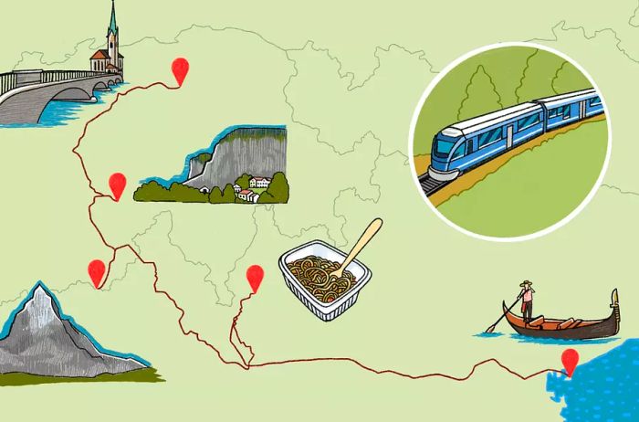 A map illustration showcasing train routes connecting two Italian towns and three Swiss cities