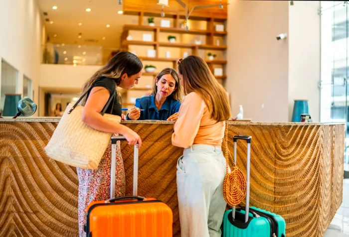 Hotel receptionist engaging with guests in the lobby.