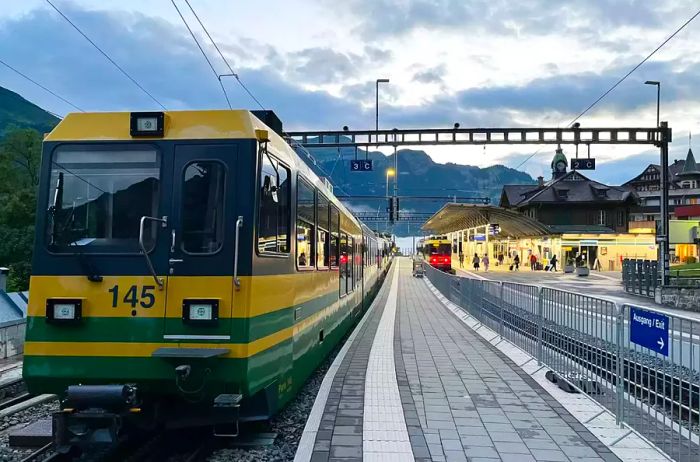 Trains resting at the station in Wengen, Switzerland