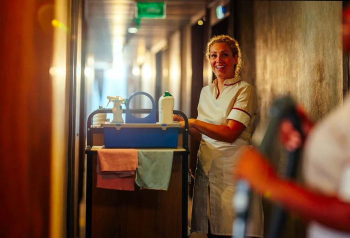 Maid laughing while chatting with a coworker in the hallway.