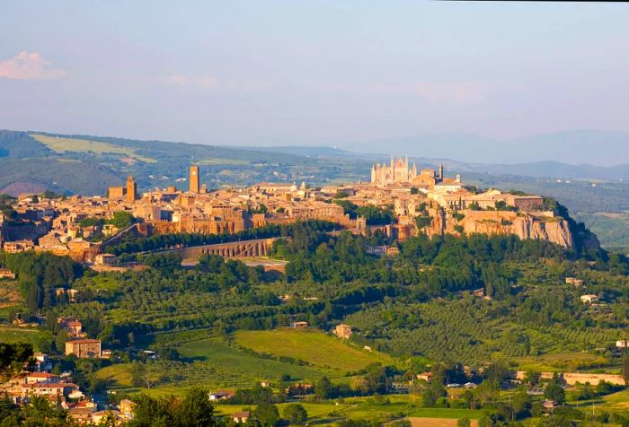 A picturesque landscape featuring lush greenery and an ancient city adorned with classic architecture, homes, and churches perched on a rocky cliff.