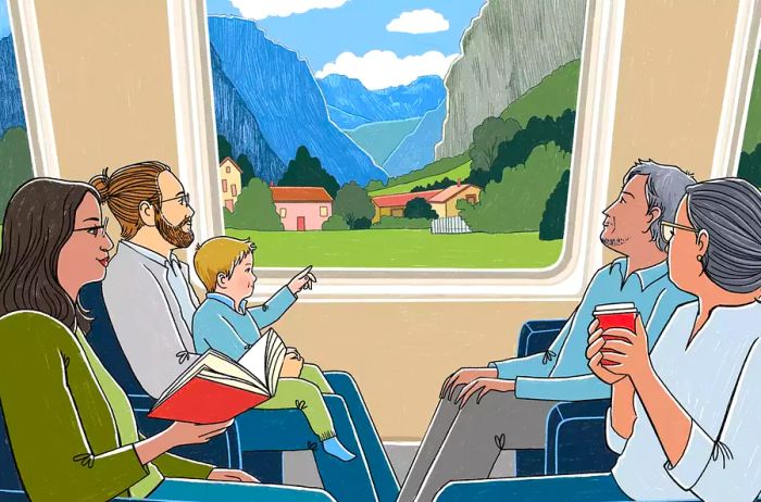 A depiction of a family traveling by train through a picturesque Swiss village