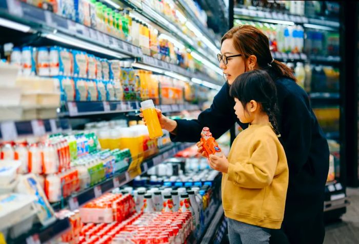 A young Asian mother and her daughter are grocery shopping together, selecting fresh fruit juices in the supermarket beverage aisle, promoting a healthy eating lifestyle.