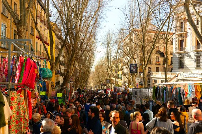 Shoppers at El Rastro market in Madrid