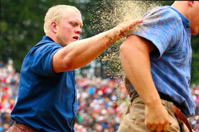 Swiss Alpine wrestler Lutz Scheuber celebrates his victory by cleaning the back of his opponent during the Alpine Wrestling Festival Bruenig-Schwinget atop the Bruenig Pass.