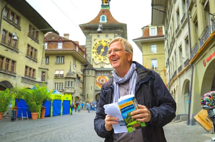 Rick Steves conducting research for his guidebook in Bern, Switzerland while filming Rick Steves' Europe