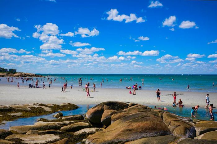 A bright ocean filled with beachgoers enjoying a sunny day