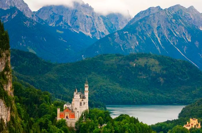 Neuschwanstein Castle nestled in the Bavarian mountains, Germany.