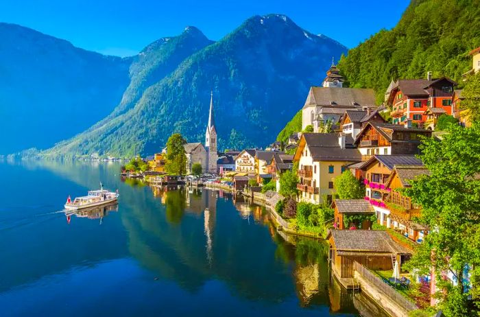 Iconic view of Hallstatt at sunrise, Salzkammergut, Austria