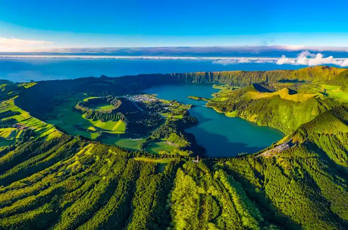 Aerial view of Miradouro da Vista do Rei - Sete Cidades in São Miguel, Azores