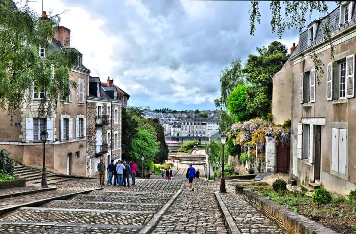 Streets leading down to the Loire River in the historic heart of Angers, France