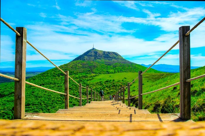 Stairs leading down to the Puy de Dôme volcano, France