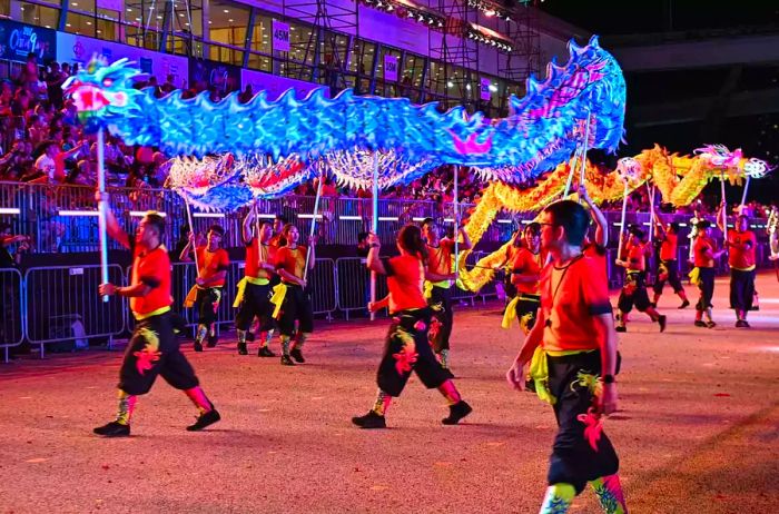 Performers at the annual Chinese Lunar New Year Chingay parade in Singapore on February 15, 2019. The Chingay Parade has been a vibrant street celebration held in Singapore since 1974, showcasing Lunar New Year festivities and the country’s multicultural heritage.