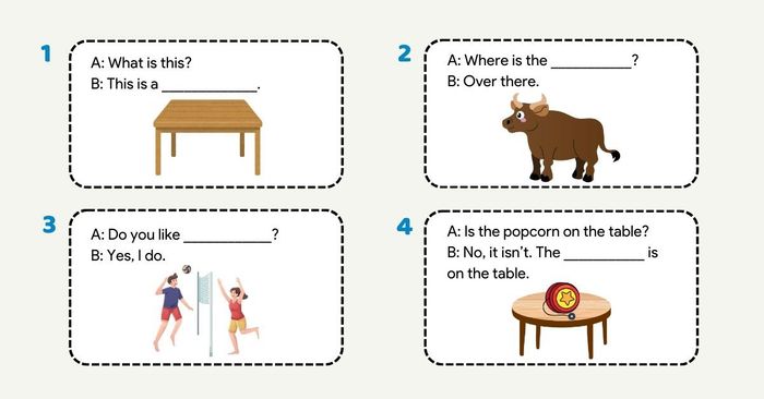 Bài 8. Nhìn vào các bức tranh và hoàn thiện câu bằng cách điền từ.
