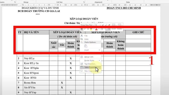 Hướng dẫn lặp lại tiêu đề bảng trong Word bằng Table Properties, bước 1