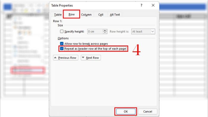 Hướng dẫn lặp lại tiêu đề bảng trong Word bằng Table Properties, bước 4