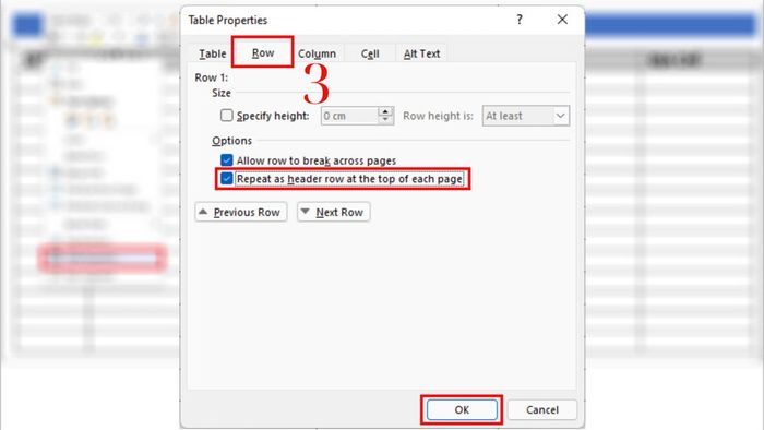 Hướng dẫn lặp lại tiêu đề bảng trong Word bằng Table Properties, bước 3