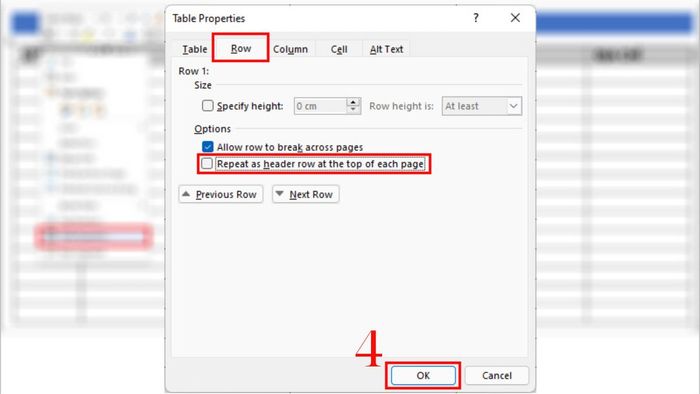 Hướng dẫn lặp lại tiêu đề trong bảng Word và cách hủy thiết lập, bước 4