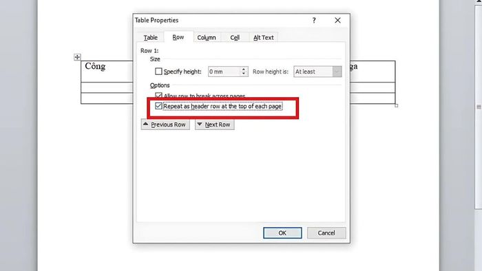 Hướng dẫn lặp lại tiêu đề bảng trong Word bằng Table Properties, bước 4