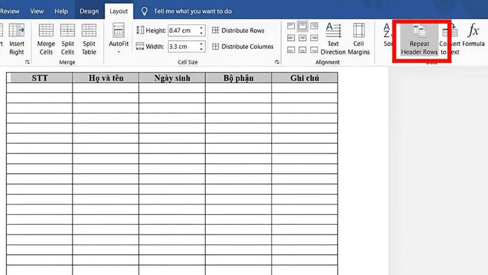 Hướng dẫn lặp lại tiêu đề trong bảng Word bằng Repeat Header Rows, bước 3
