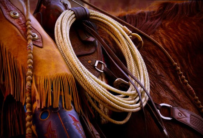 A coil of rope tied to a horse saddle.