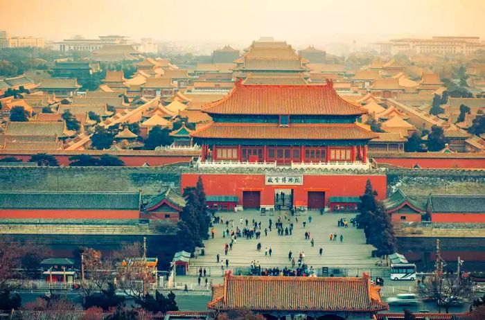 Aerial view of the south gate of the Forbidden City on a foggy day