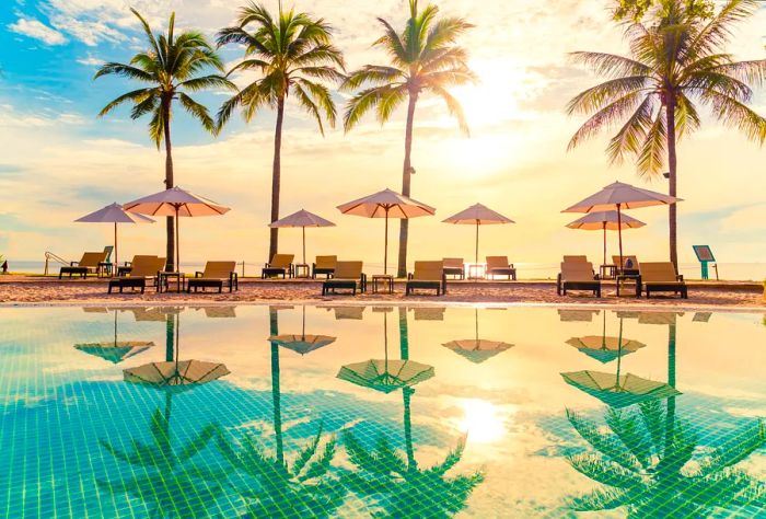 A swimming pool glimmers under the sun, surrounded by poolside umbrellas and palm trees.