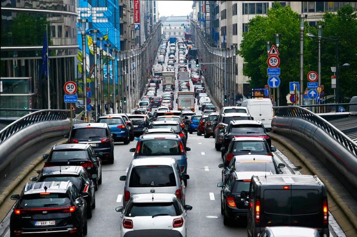 A traffic jam on a busy street in Brussels