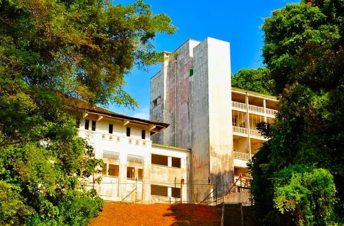 Abandoned hospital exterior surrounded by trees