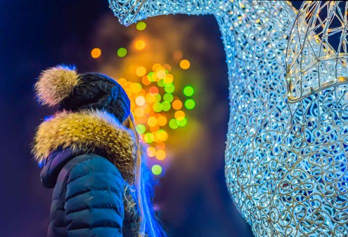 A young woman celebrates Christmas while watching festive fireworks, reflecting on the end of a tumultuous 2020 as she welcomes 2021.