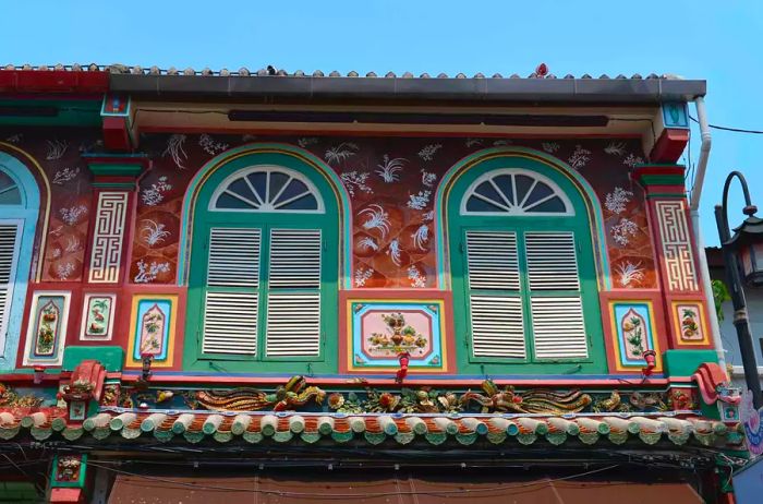 A vibrant building facade on Jonker Street in Melaka, Malaysia.