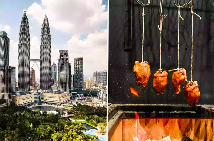 A view of Kuala Lumpur's Petronas Towers alongside the roasting pigeons at Dewakan restaurant.