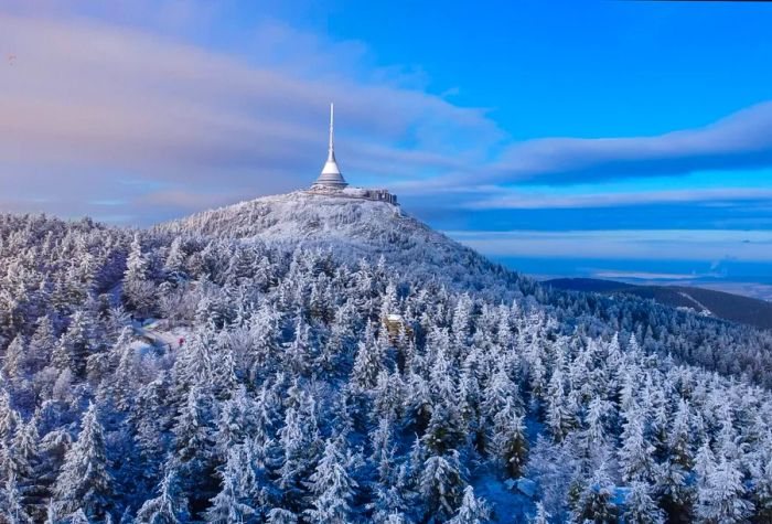 Snow-dusted cypress trees encircle the tower atop the mountain.