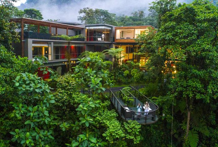 Aerial view of Mashpi Lodge nestled in the rainforest