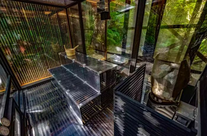 Interior view of the sauna in a treehouse at Treeful Treehouse Sustainable Resort.