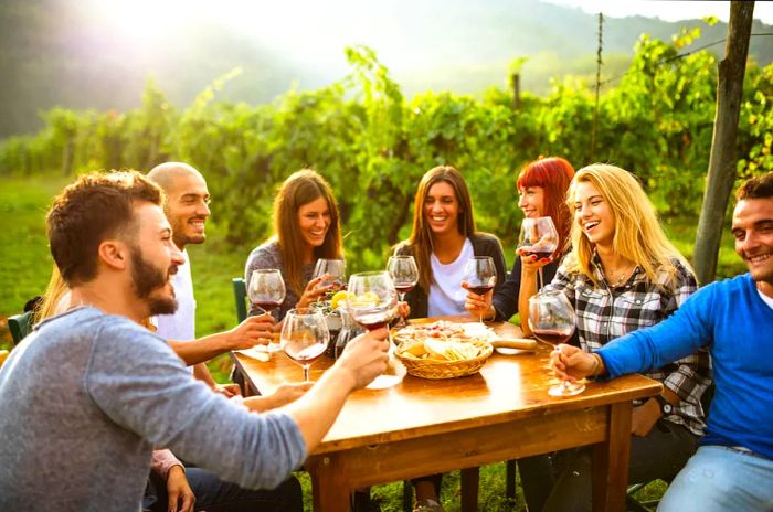 A group of friends gathered around a table in a vineyard, raising their glasses of red wine to toast in the warm sunshine.