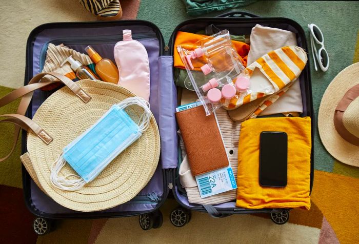 Luggage featuring vibrant travel essentials, including face masks, refillable bottles, and a passport.