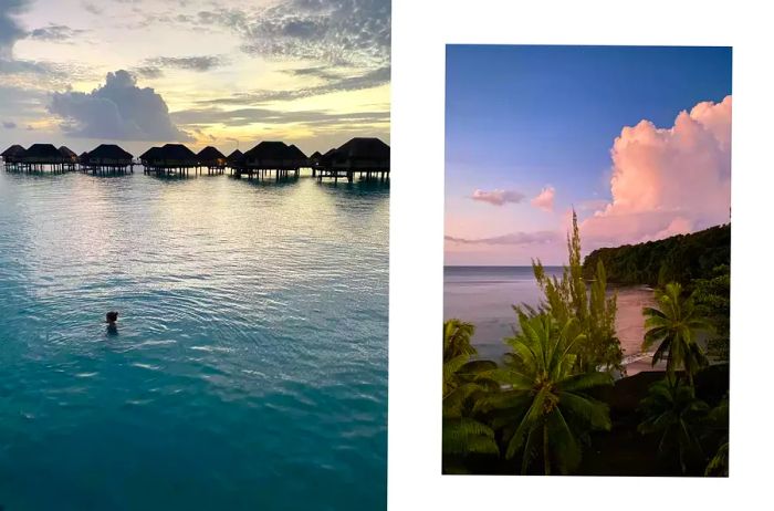 A person relishing the ocean view with overwater bungalows in the distance, under a sunset painted in hues of purple over the islands