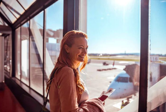 A woman beams as she stands next to the large glass windows of an airport terminal, holding her ticket.