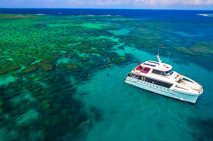 A vessel and snorkelers exploring the Great Barrier Reef