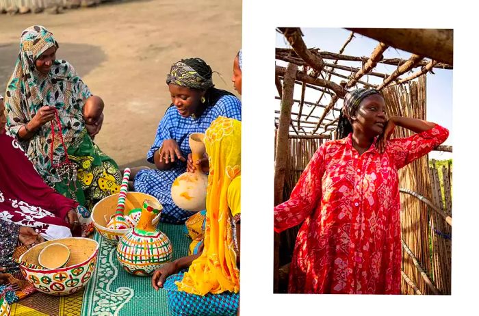 A group of women gather to paint calaes in a village; one woman poses inside a wooden structure.