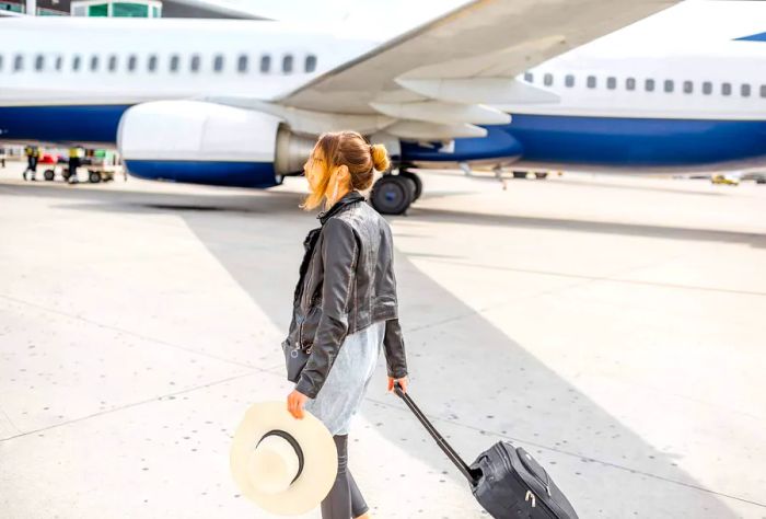 Woman boarding a flight with carry-on luggage and a hat