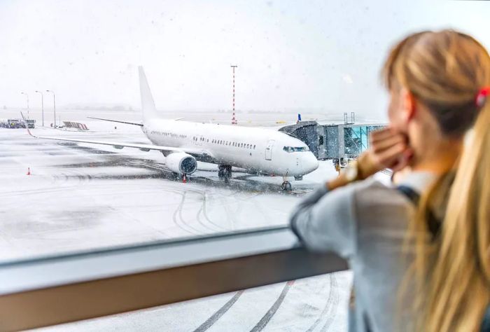 A color image capturing an airplane amidst a snowstorm, with a woman anxiously waiting for her flight's departure.