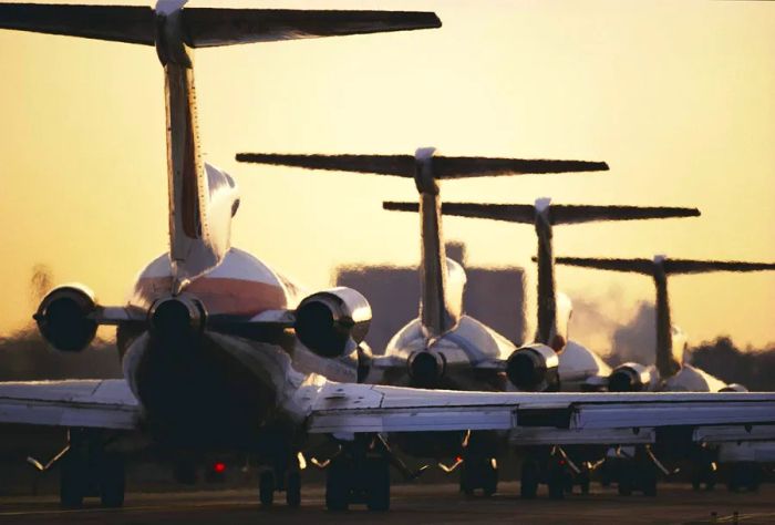 Airplanes queued on the runway, preparing for takeoff.