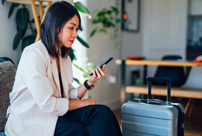 A female traveler sitting on a sofa next to her luggage while using her phone.