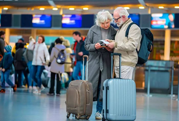 An elderly couple stands with their luggage in the airport, examining their ticket.