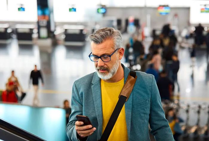 A male commuter checks his smartphone while standing on an escalator.