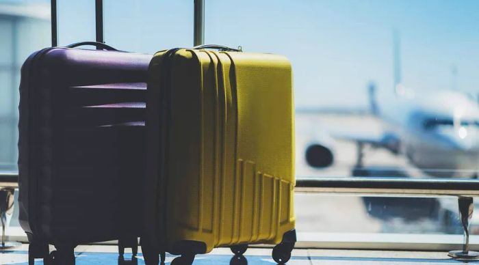 Image of two spinner suitcases in an airport lounge.